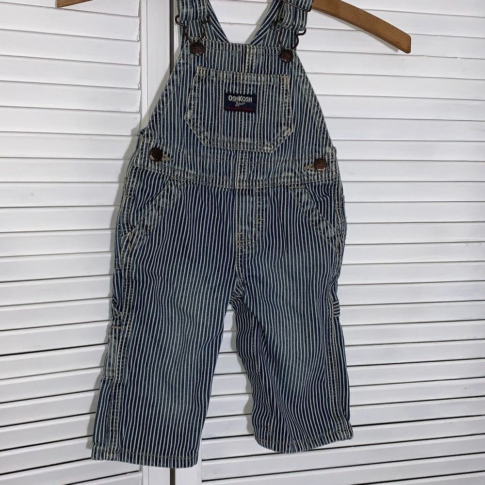 OSHKOSH b'gosh Blue Jean Striped Railroad Engineer Bib Overalls Boys 6 Months